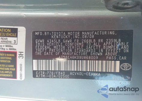 2009 Toyota Camry Le from USA, damaged, VIN 4T1BE46K09U868009